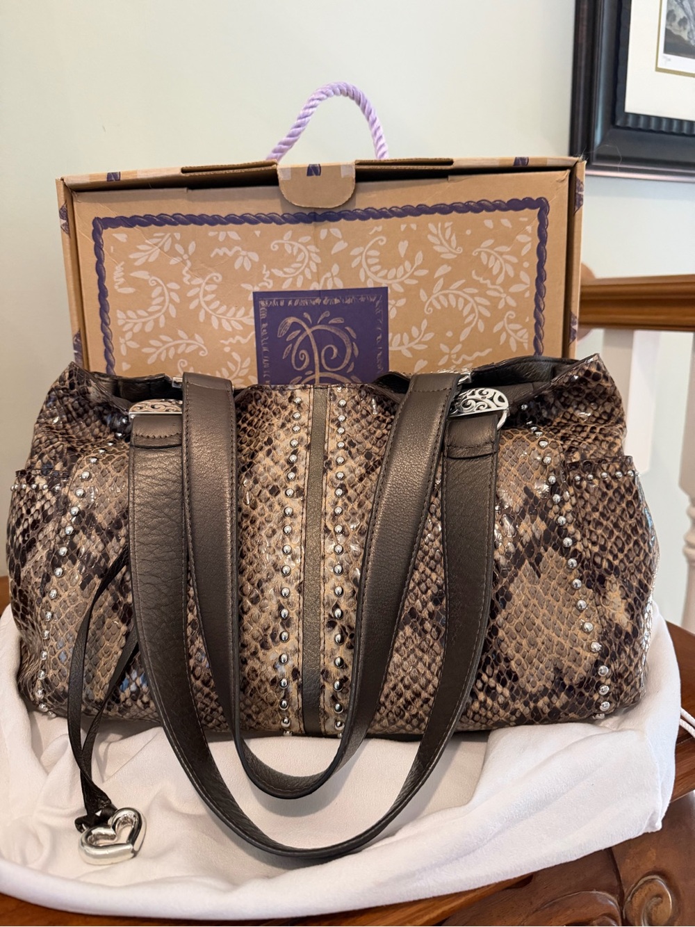 Brighton Snake Embossed Leather Studded Shoulder Bag with Heart Charm NIB